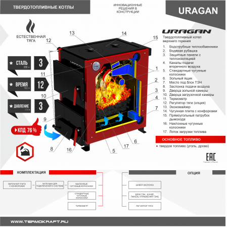 Котел твердотопливный URAGAN 16 с плитой